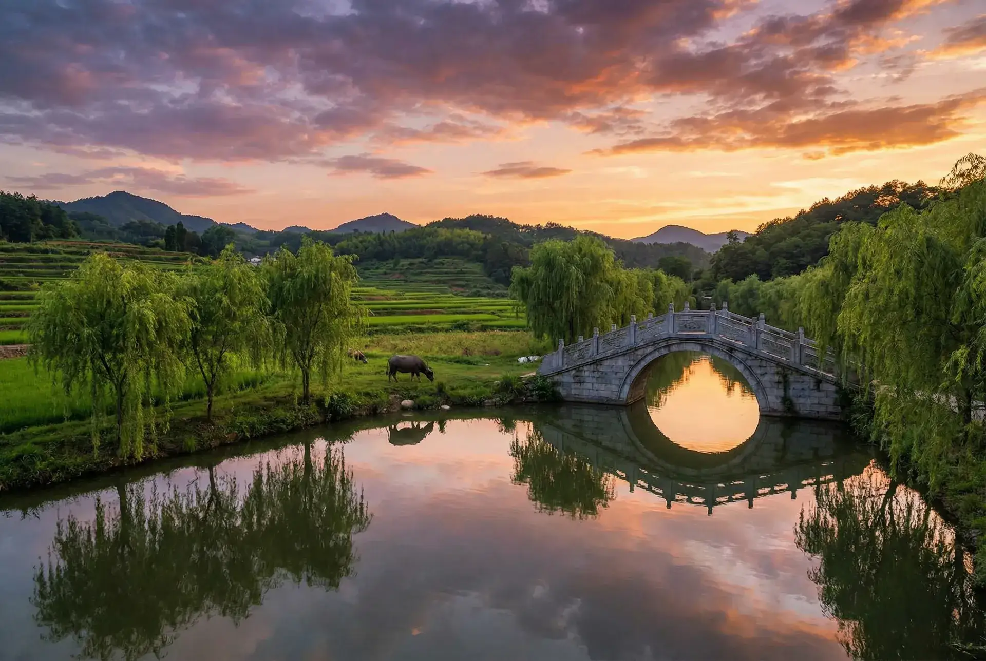 夕阳下的石拱桥与垂柳，水牛在河边吃草 - 4438全国大色惰 乡村美景